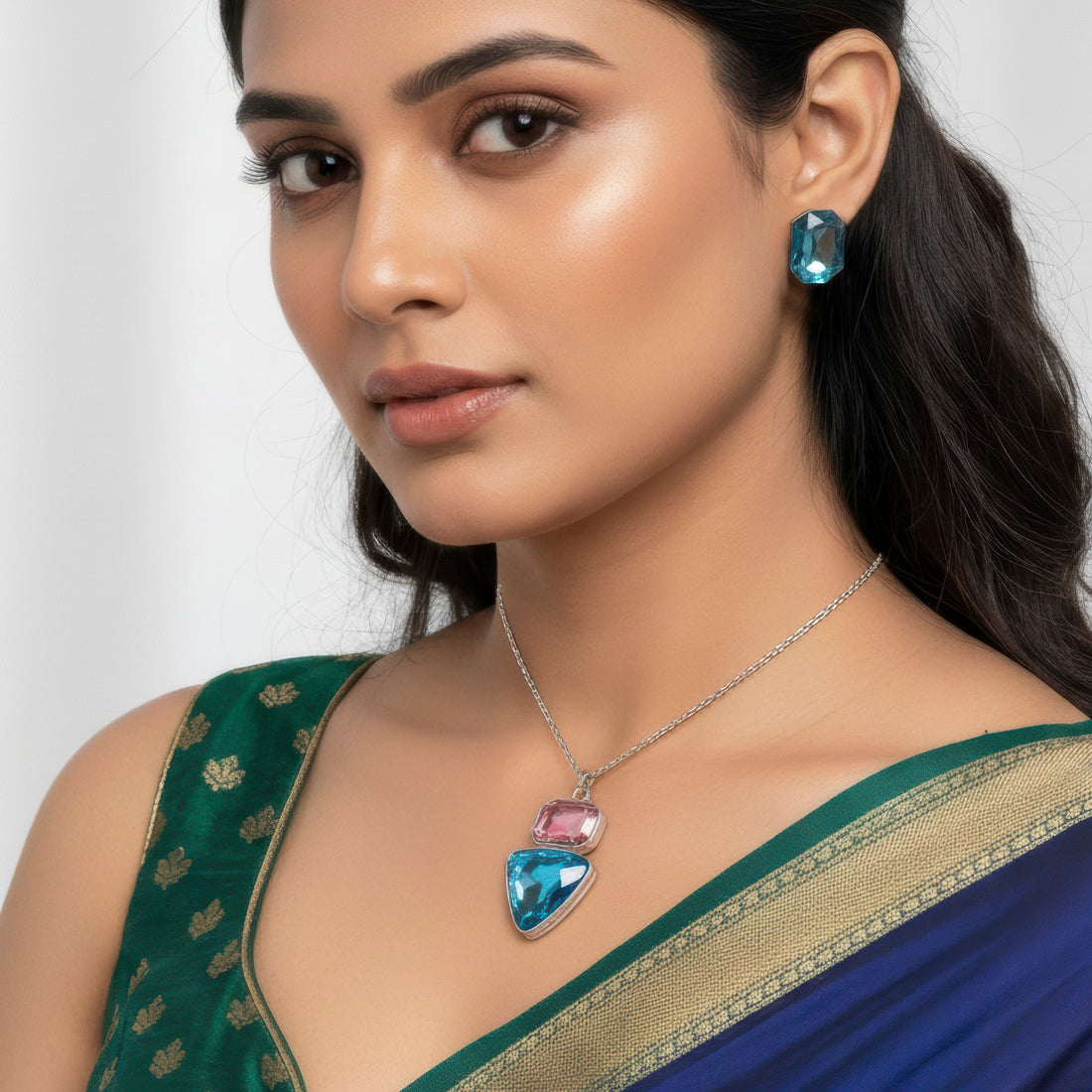 PRAO Anti-Tarnish Rectangle & Triangle Pendant Necklace with Earrings