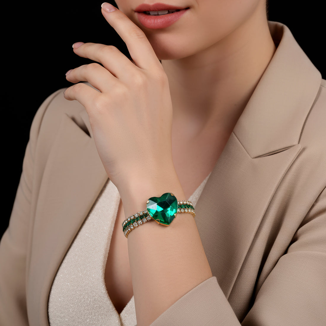 PRAO Anti-Tarnish Oversized Heart Crystal Bracelet with Rhinestone Chain