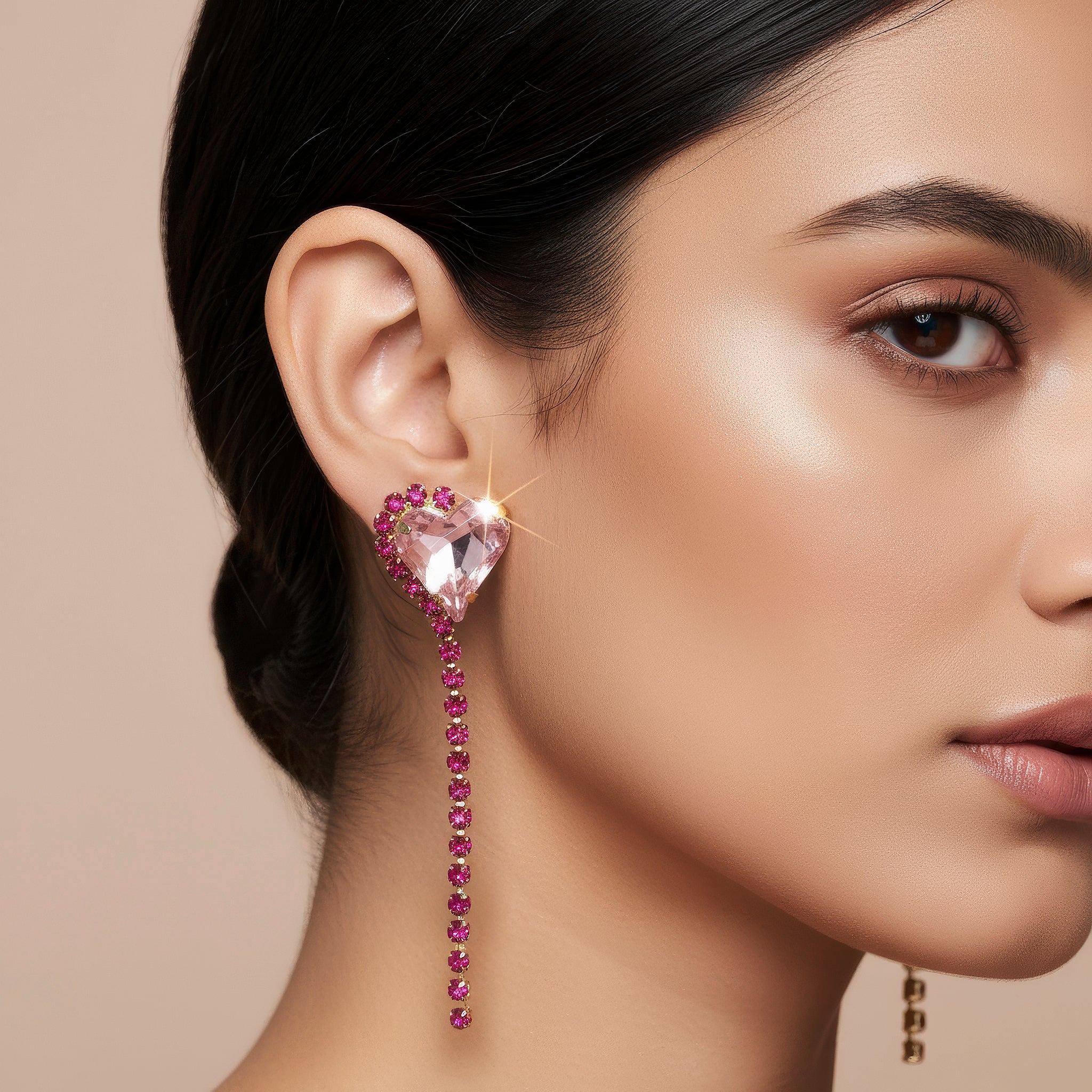 PRAO Anti-Tarnish Rhinestone Chain Earrings with Heart Crystal Dangle