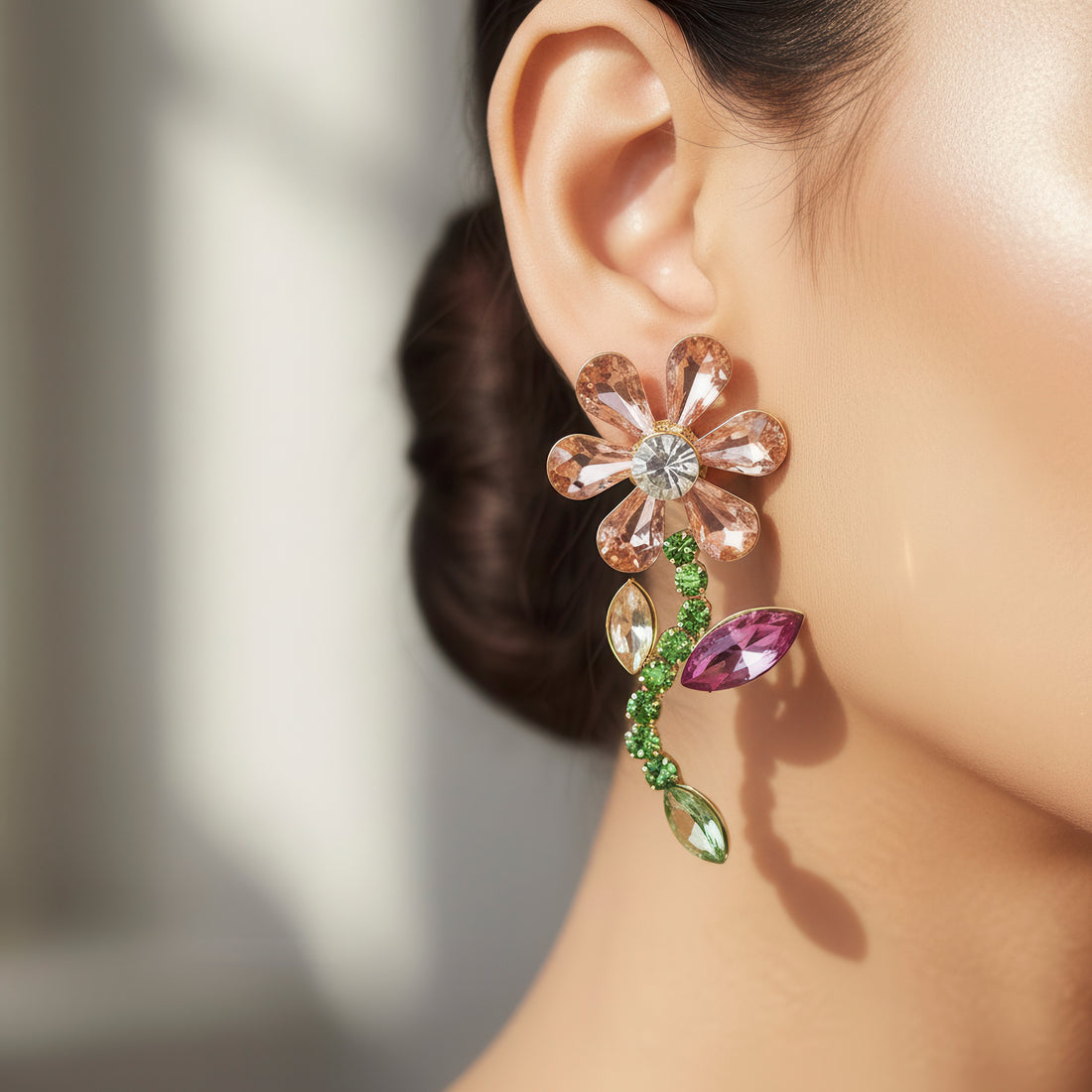 PRAO Anti-Tarnish Multicoloured Crystal Flower Earrings
