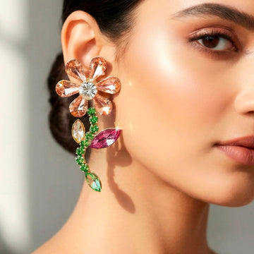 PRAO Earrings Waterproof Multicoloured Crystal Flower Danglers