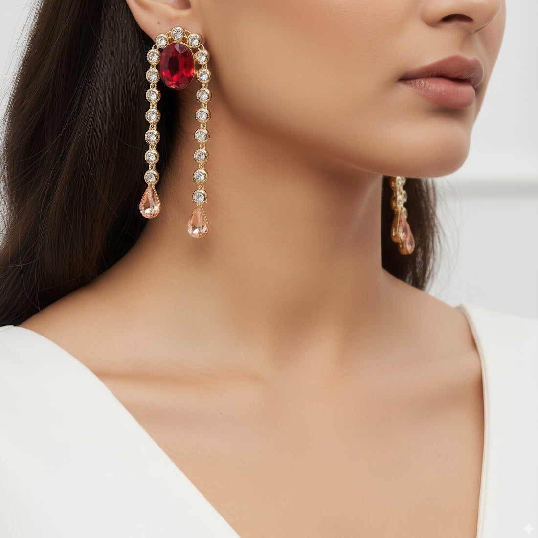 PRAO Anti-Tarnish Oval Dangle Earrings With Studded Chain & Drop Crystal