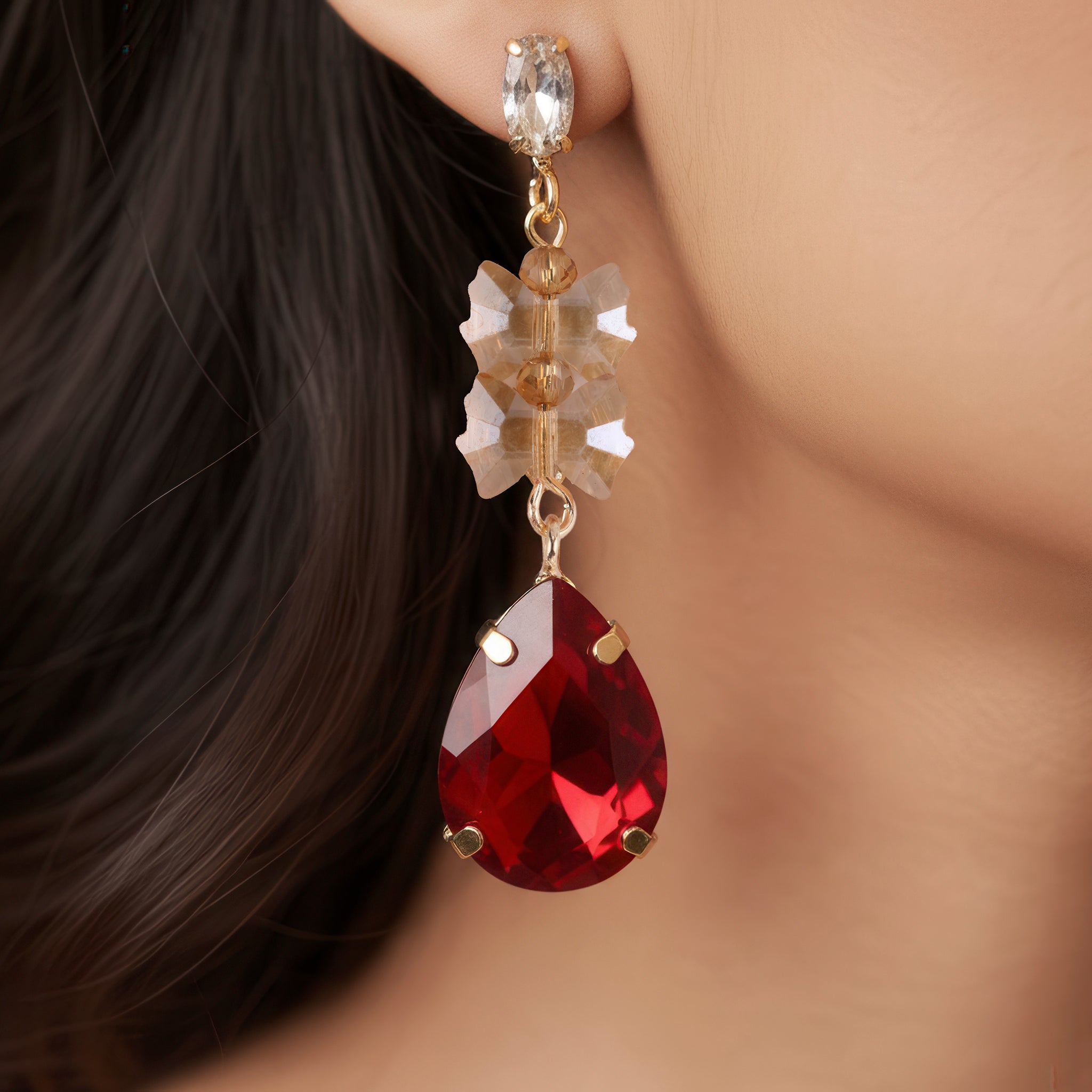 PRAO Anti-Tarnish Bow-Tie Bead Earrings With Drop Crystal Dangles