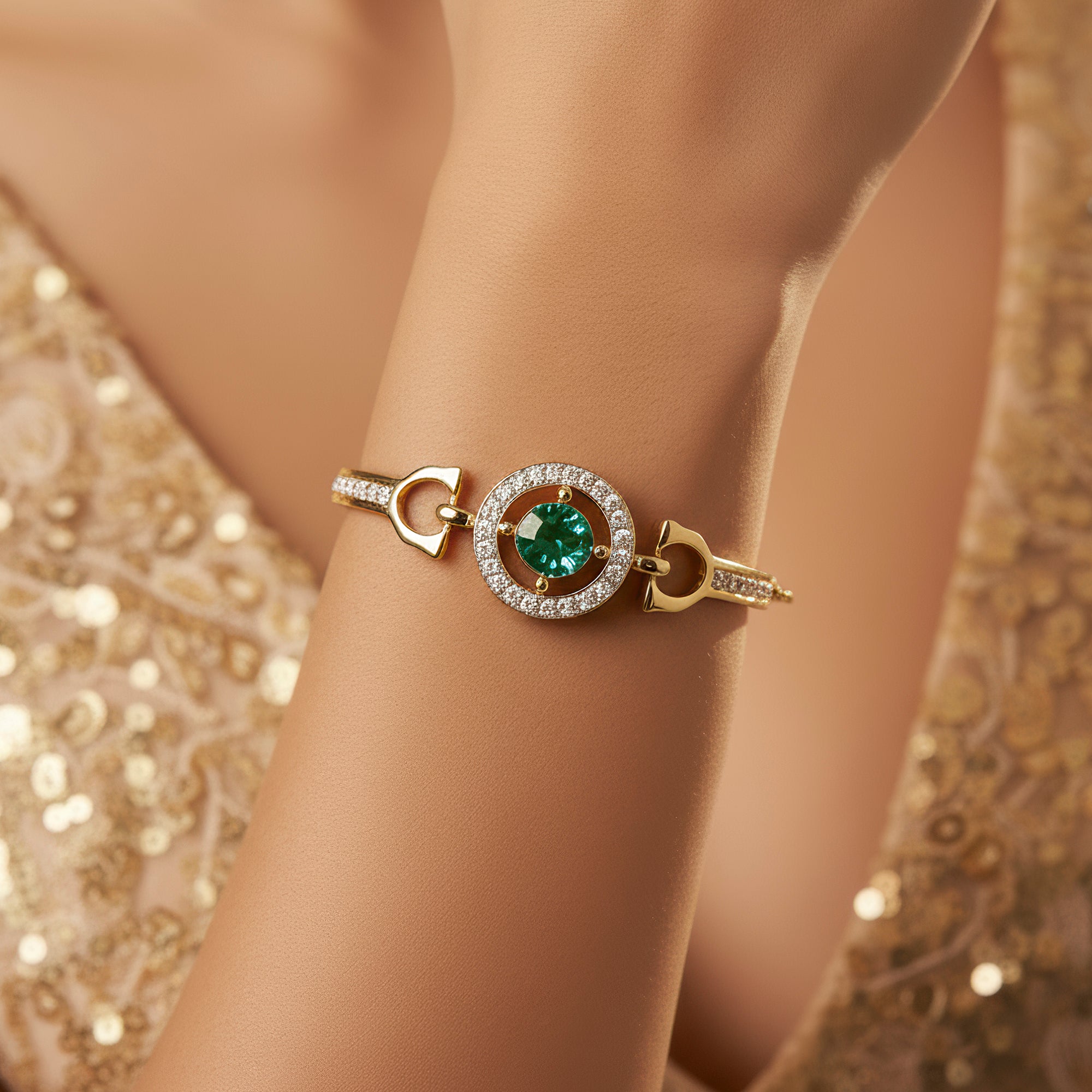 PRAO Anti-Tarnish Emerald Crystal & AD Flexi Bracelet