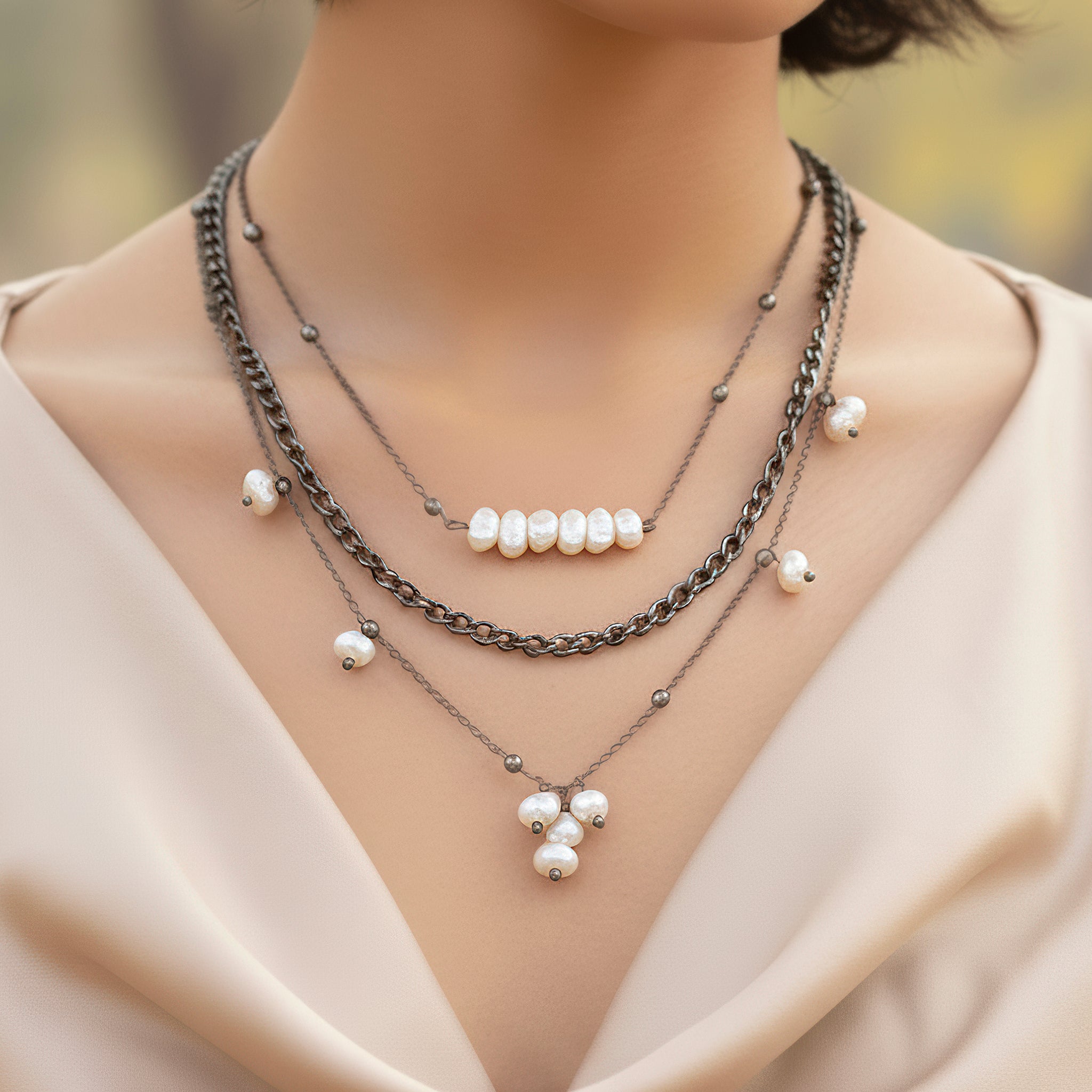 PRAO Anti-Tarnish Triple Layer Necklace with Uncut Pearls