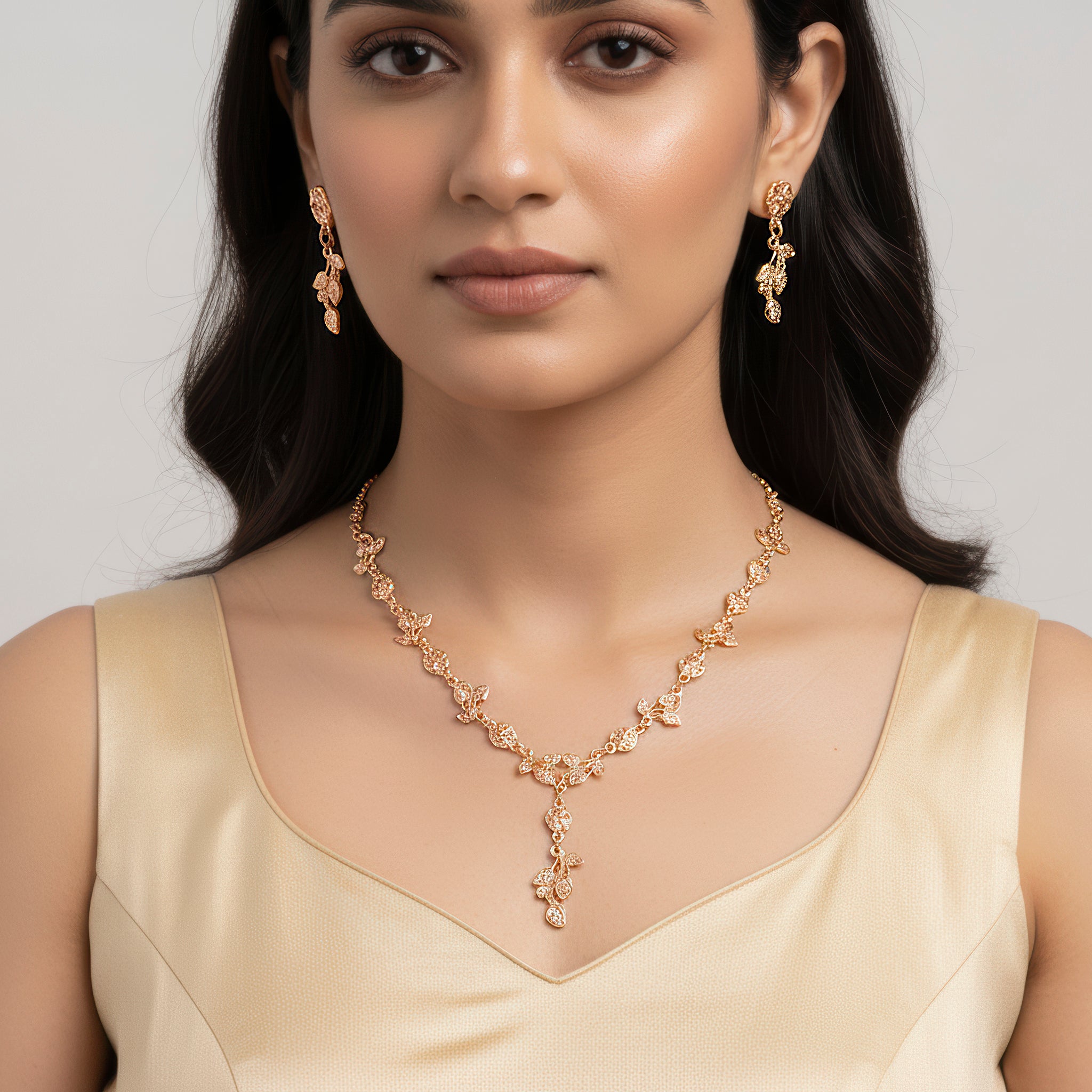 PRAO Anti-Tarnish Rose Gold Leaves Necklace Set With Earrings