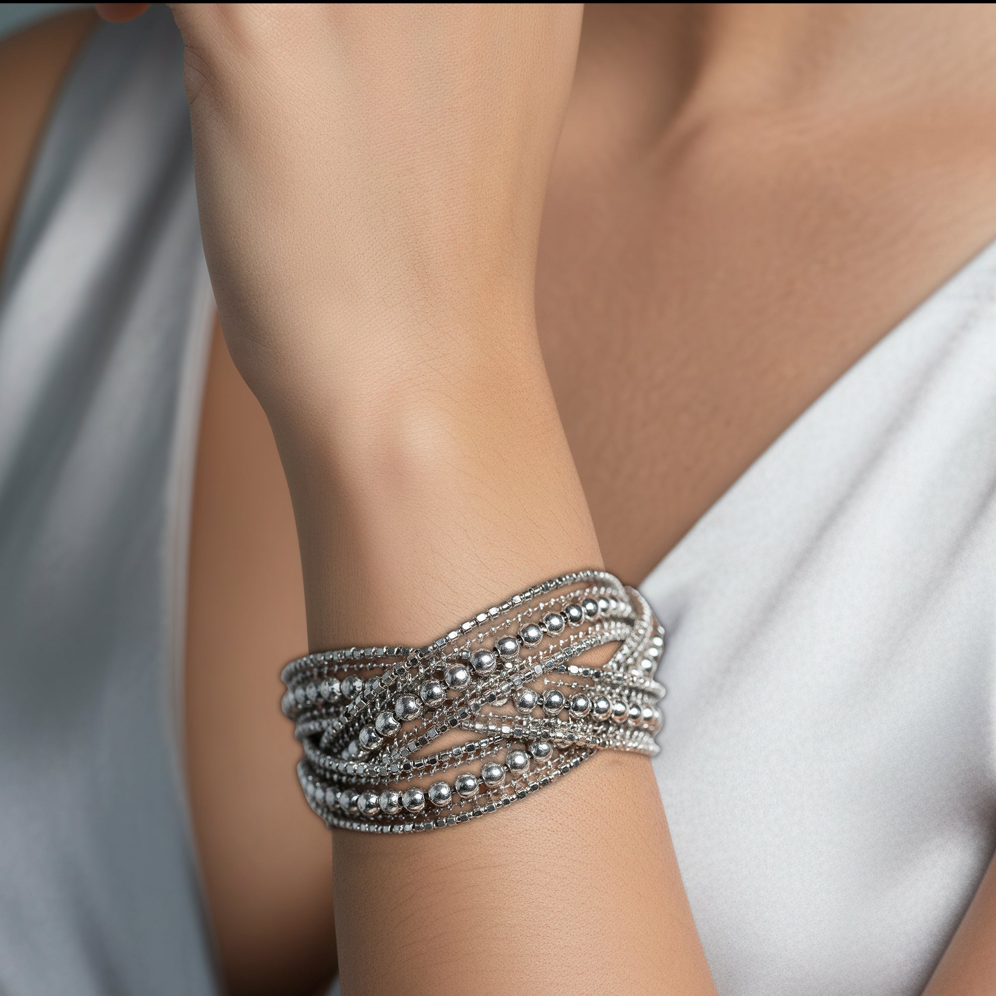 PRAO Anti-Tarnish Silver Multilayered Bangle Bracelet (Adjustable Size)