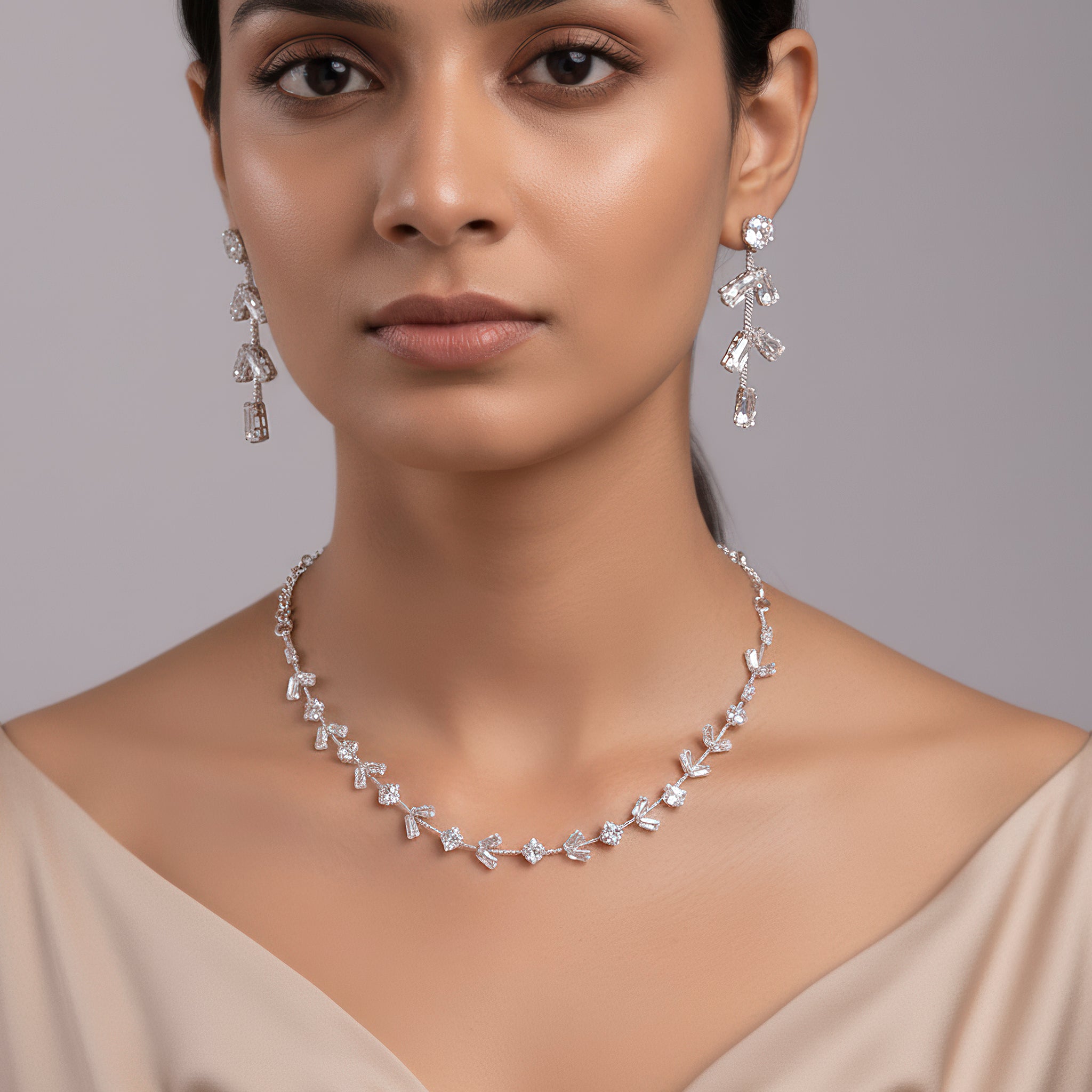 PRAO Anti-Tarnish Baguette & Square Crystals Spacer Necklace Set With Earrings