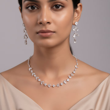 PRAO Anti-Tarnish Baguette & Square Crystals Spacer Necklace Set With Earrings