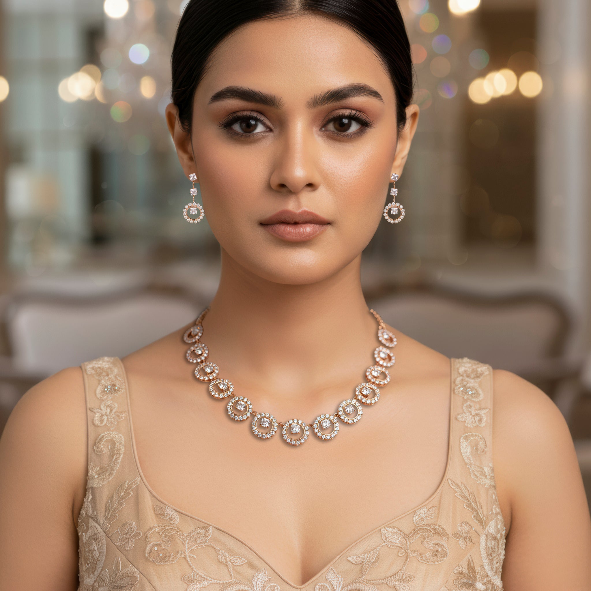 PRAO Anti-Tarnish Spacer Rhinestone Chain Circles Necklace Set With Earrings