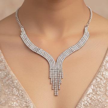 PRAO Anti-Tarnish Rhinestone Chain Necklace Set With Earrings