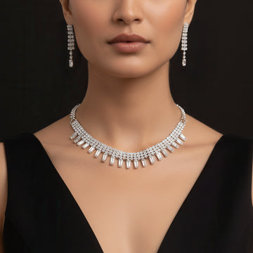 PRAO Anti-Tarnish Tapered Crystals with Rhinestone Chain Necklace Set With Earrings