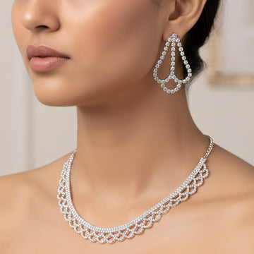 PRAO Anti-Tarnish Curvy Rhinestone Chain Necklace Set With Earrings