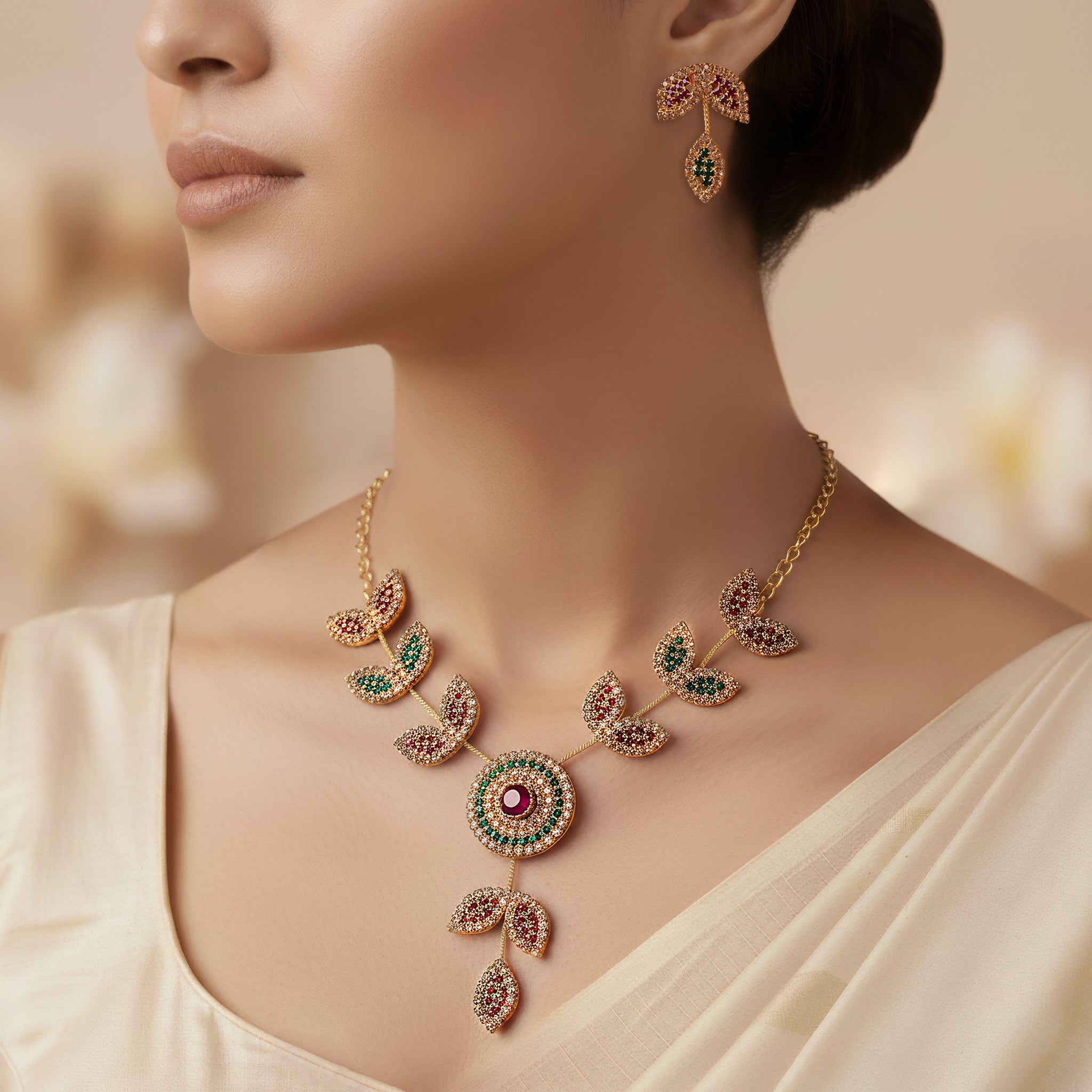 PRAO Anti-Tarnish Round Pendant Leafy Pattern Necklace Set With Earrings