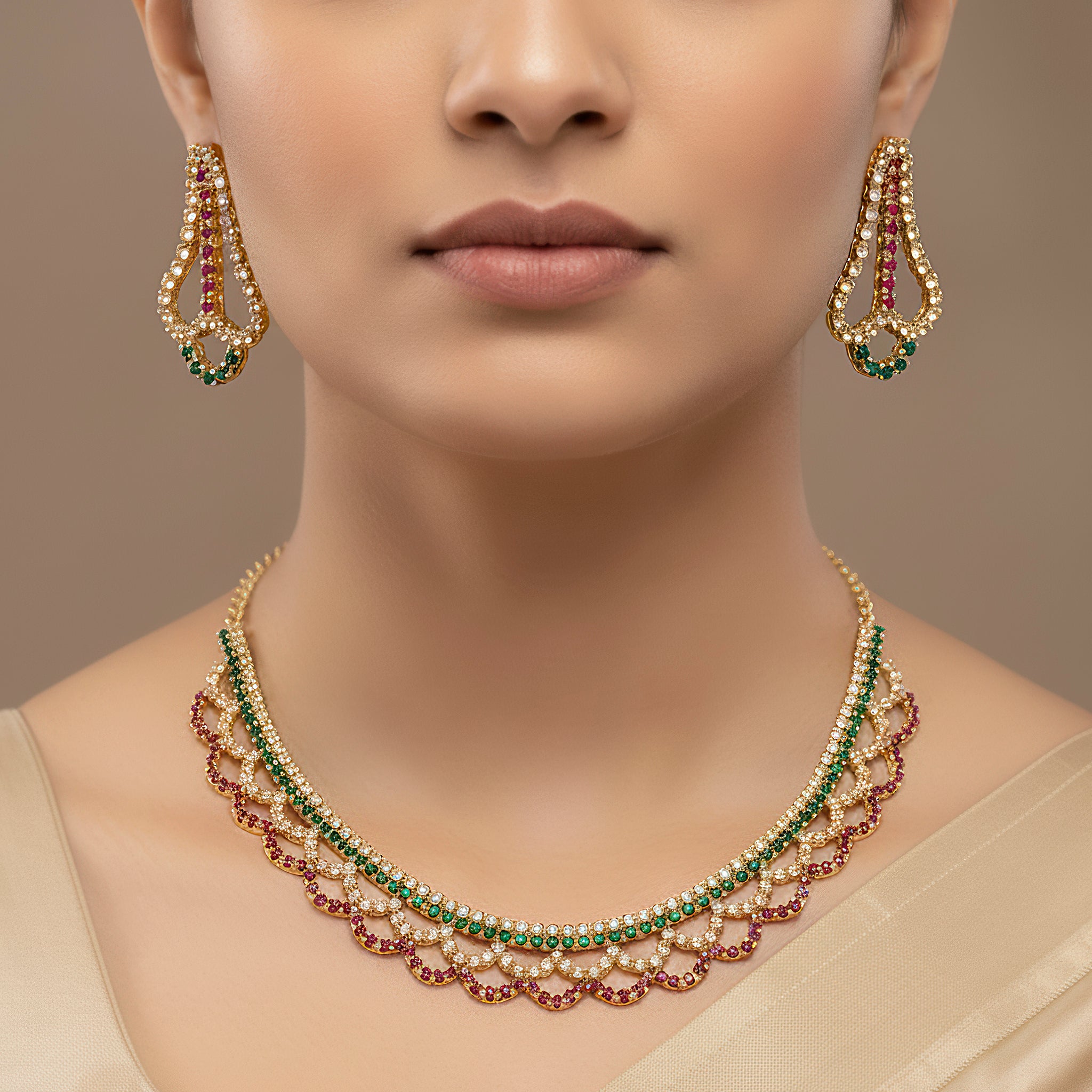 PRAO Anti-Tarnish Curvy Rhinestone Chain Necklace Set With Earrings