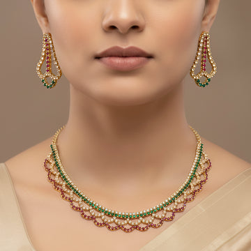 PRAO Anti-Tarnish Curvy Rhinestone Chain Necklace Set With Earrings