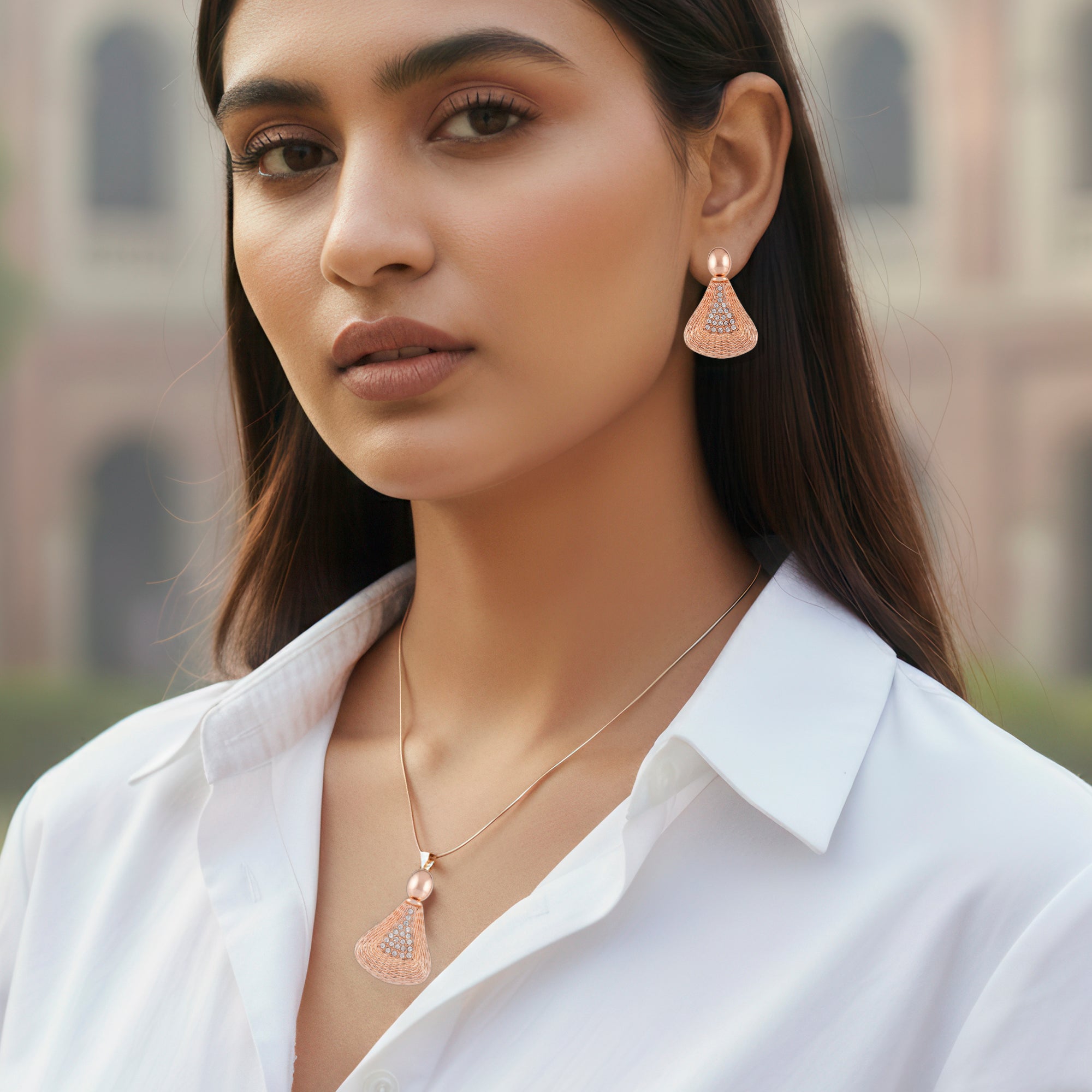 PRAO Anti-Tarnish Triangle Pendant Necklace Set With Earrings