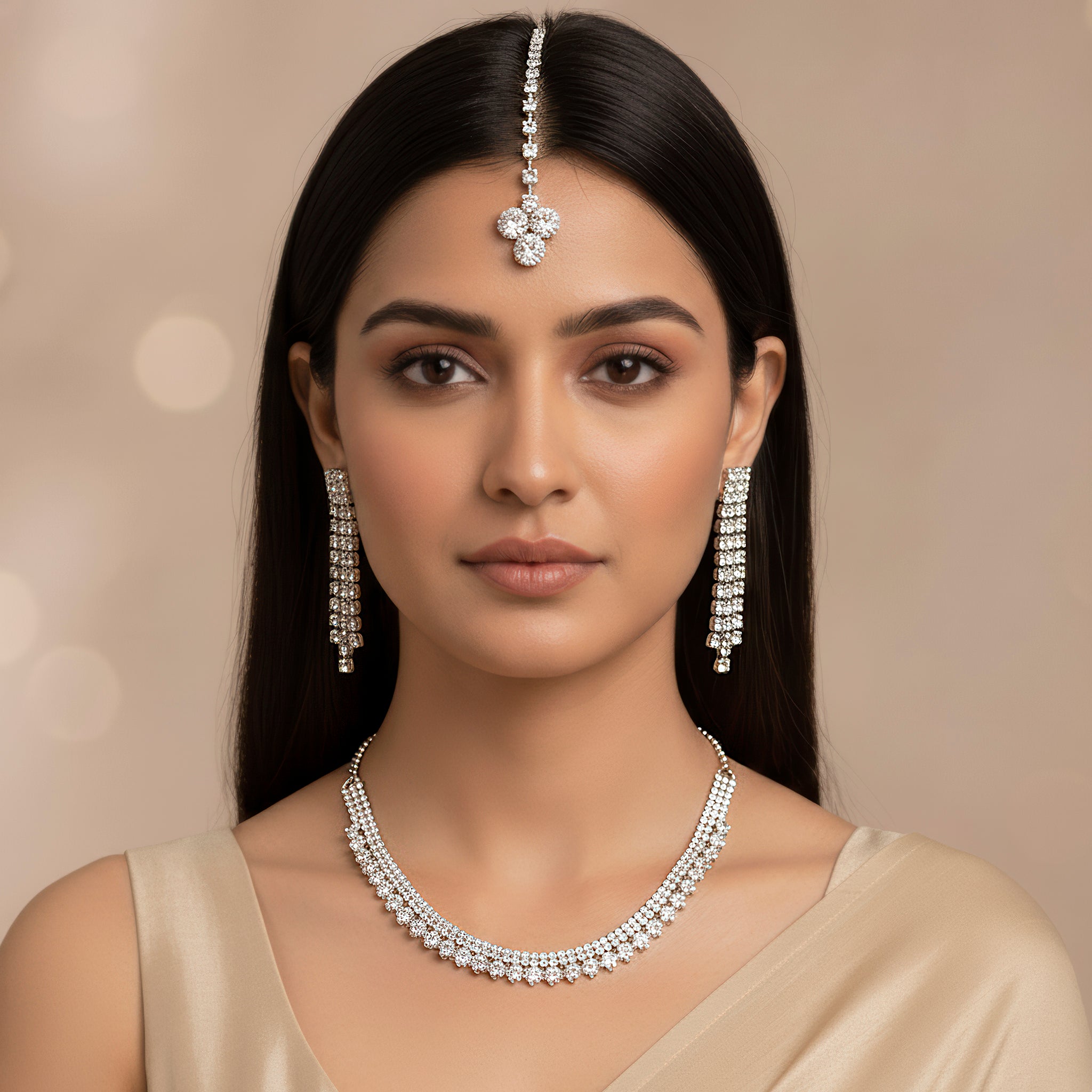 PRAO Anti-Tarnish Rhinestone Strap Statement Necklace Set With Earrings