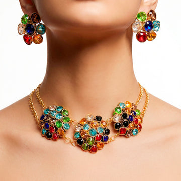 PRAO Necklace Anti-Tarnish Multi Crystal Beads Choker Set With Earrings