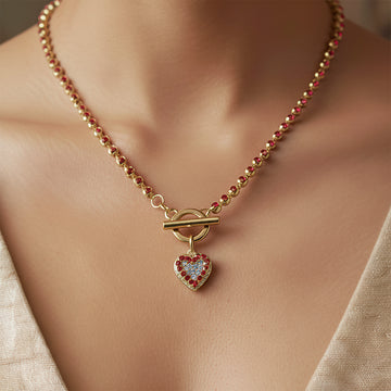PRAO Anti-Tarnish AD-Studded Heart Charm Necklace with T-Lock
