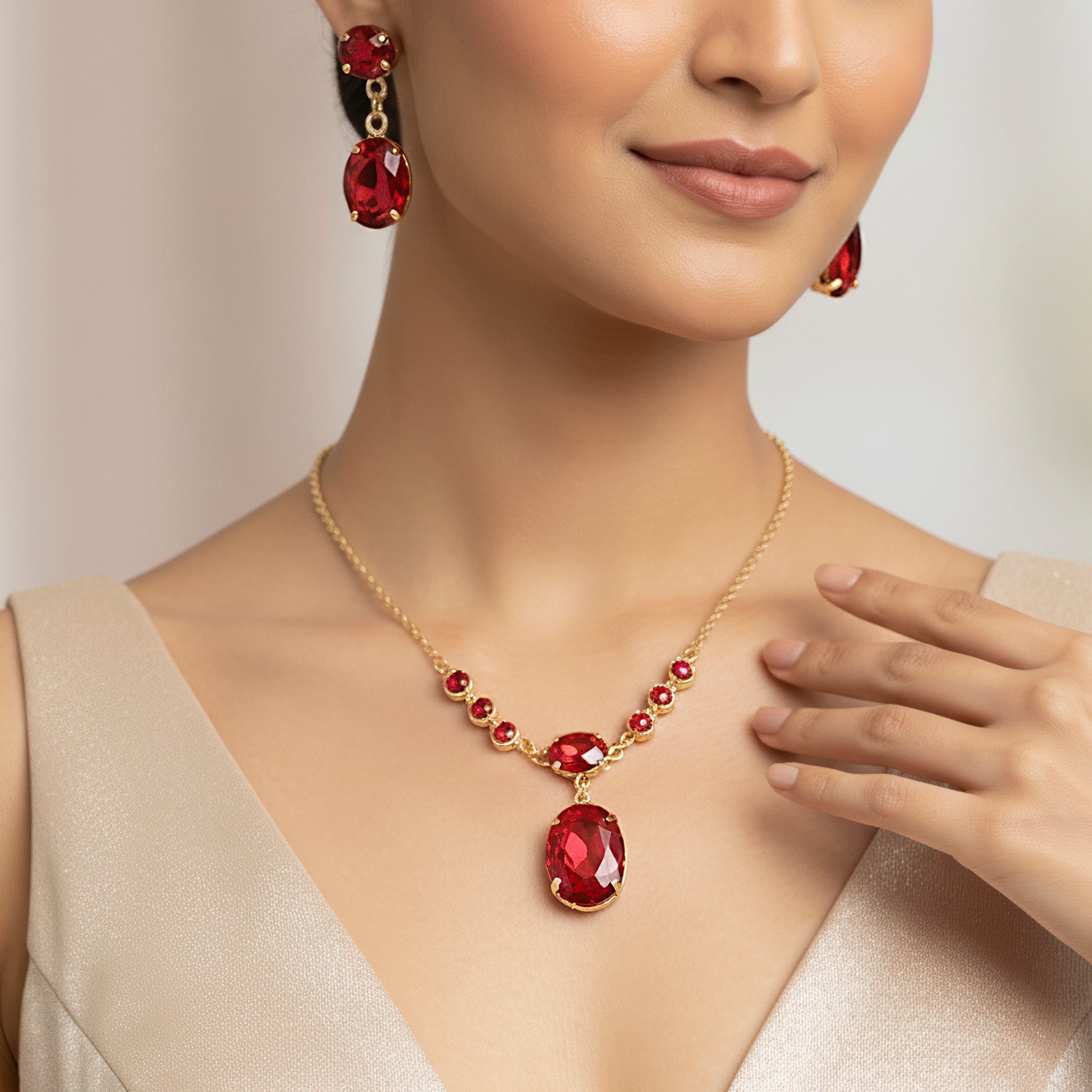 PRAO Anti-Tarnish Oval Crystal Pendant Necklace Set With Earrings