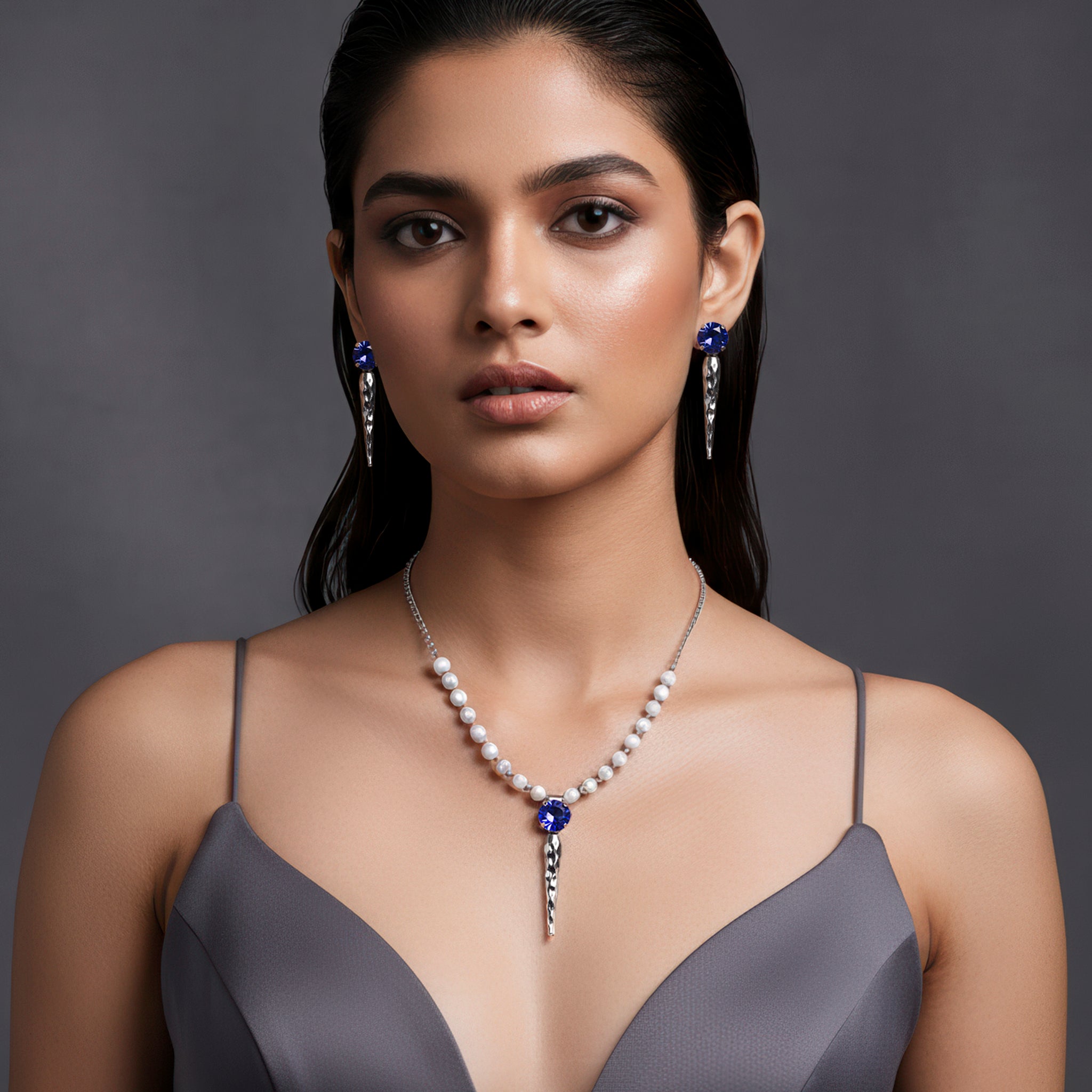 PRAO Anti-Tarnish Crystal Beads Spike Necklace Set With Earrings