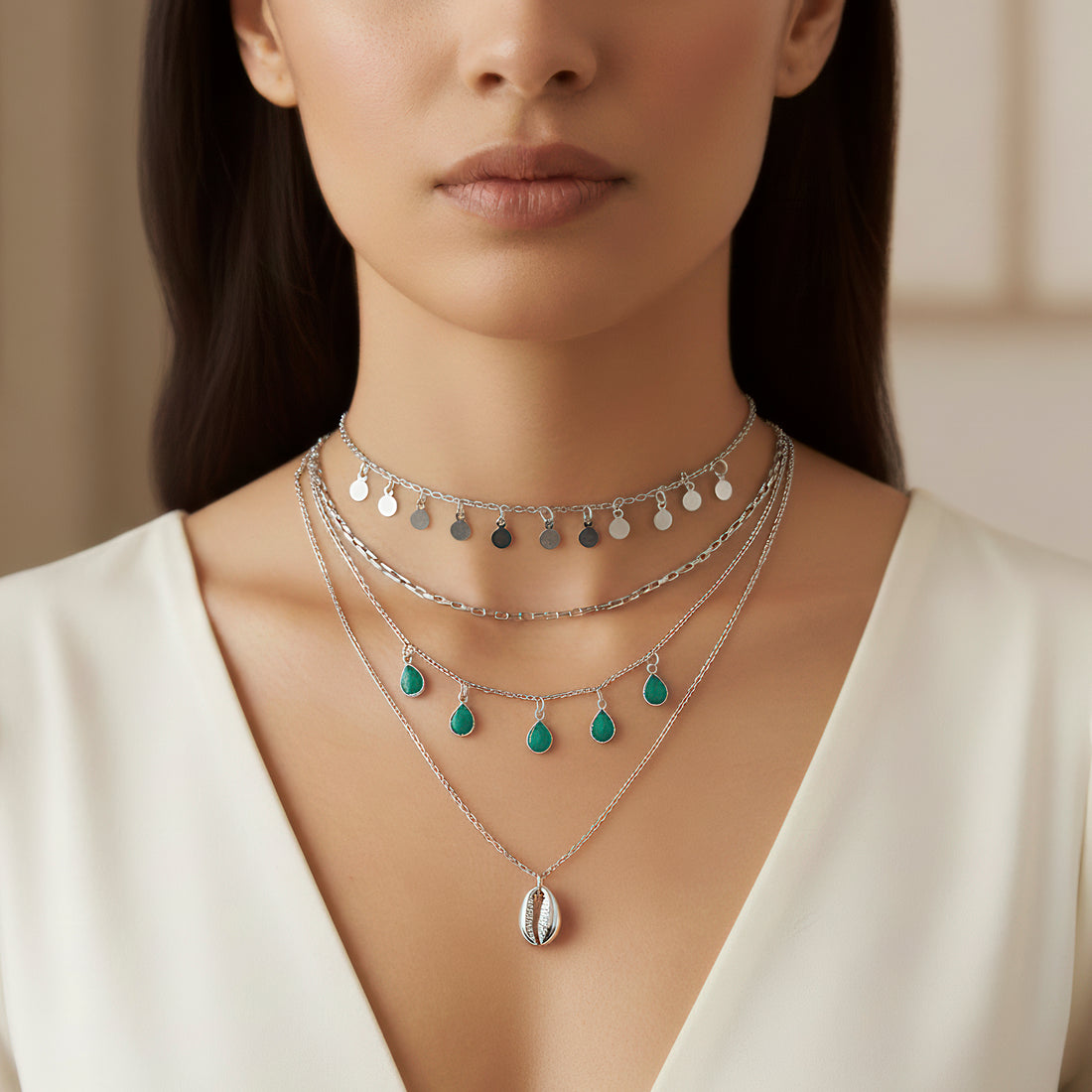 PRAO Anti-Tarnish Multilayered Crystal Charms Silver Plated Necklace