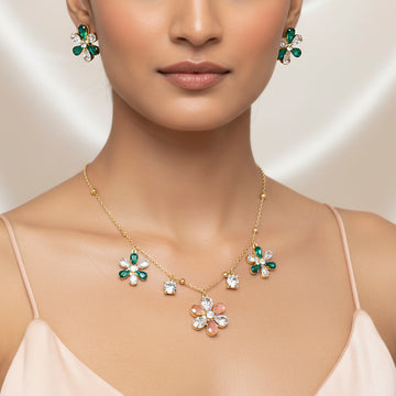 PRAO Necklace Anti-Tarnish Crystal Flowers Charms Chain Set With Earrings