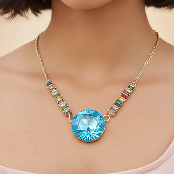 PRAO Necklace Waterproof Multi-Color Baguette Chain & Oversized Round Crystal Pendant