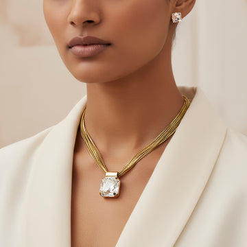 PRAO Necklace Anti-Tarnish Crystal Pendant Set with Earrings