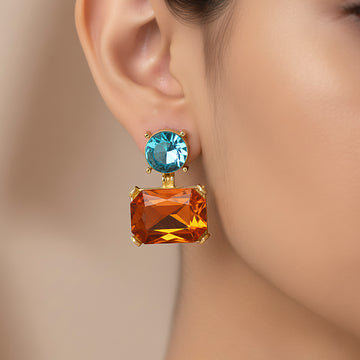 PRAO Earrings Anti-Tarnish Round and Rectangle Crystal Studs