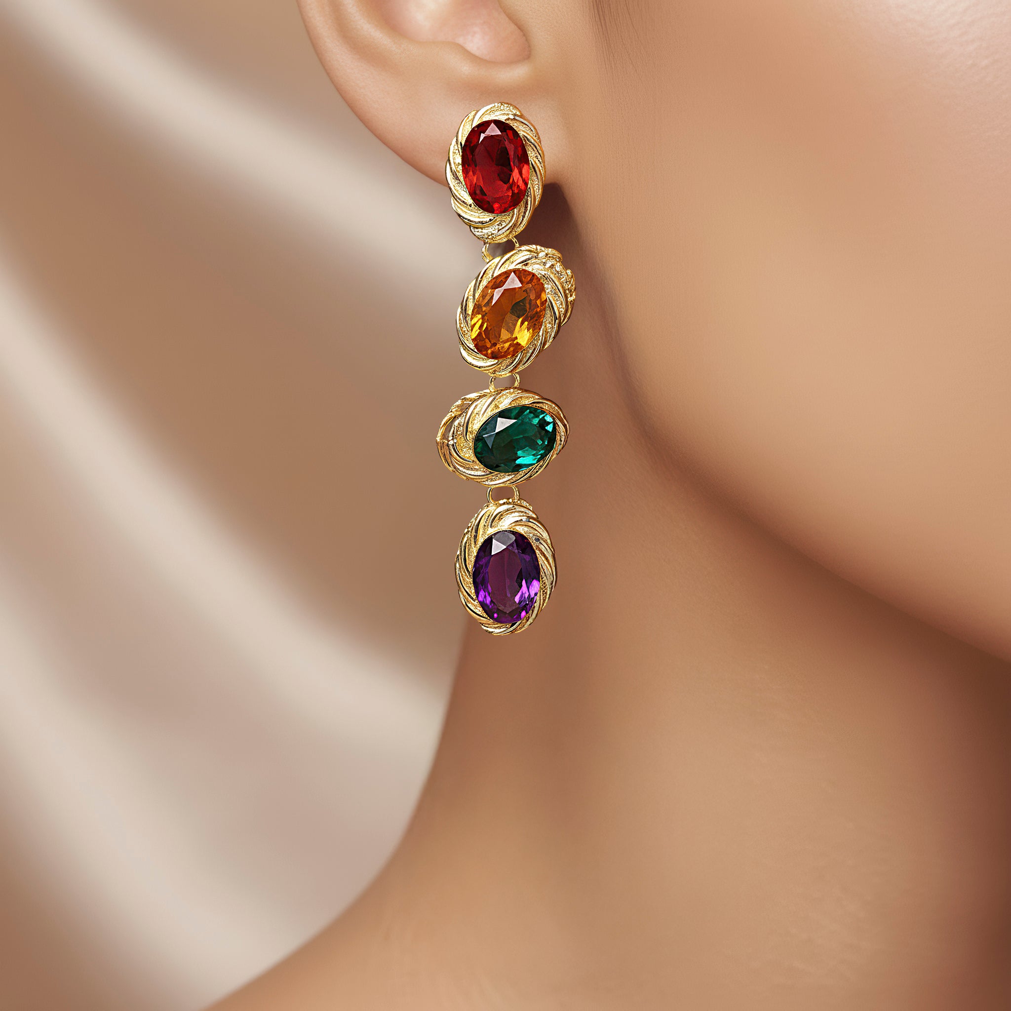 PRAO Earrings Anti-Tarnish Oval Multi-Color Crystals Danglers