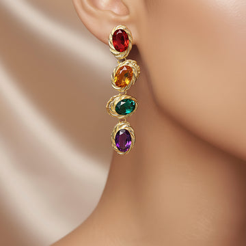 PRAO Earrings Anti-Tarnish Oval Multi-Color Crystals Danglers