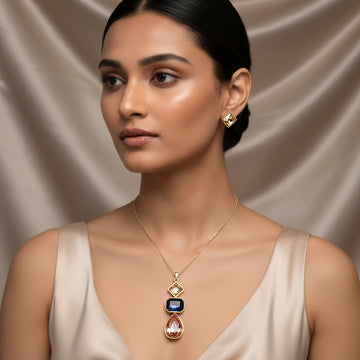 PRAO Necklace Anti-Tarnish Tri-Shape Long Pendant Chain Set with Earrings