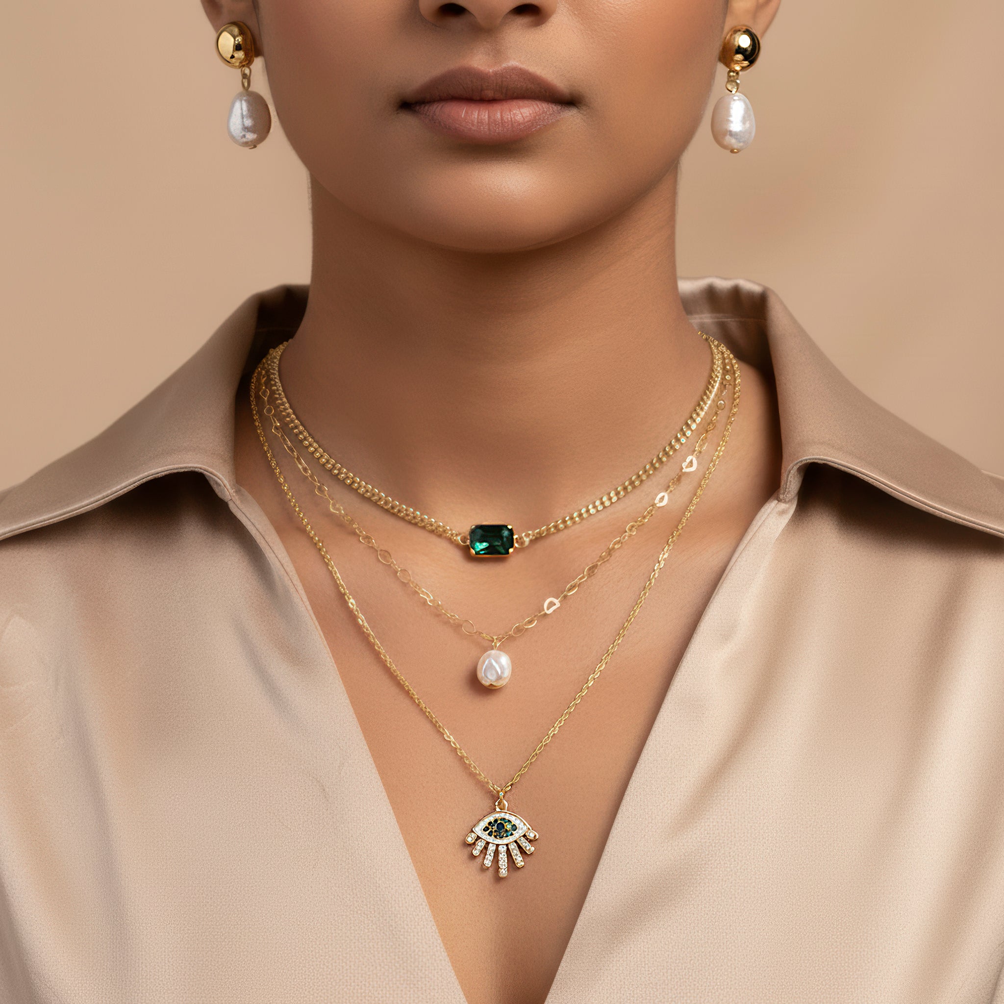 PRAO Necklace Anti-Tarnish Layers Set with Earrings