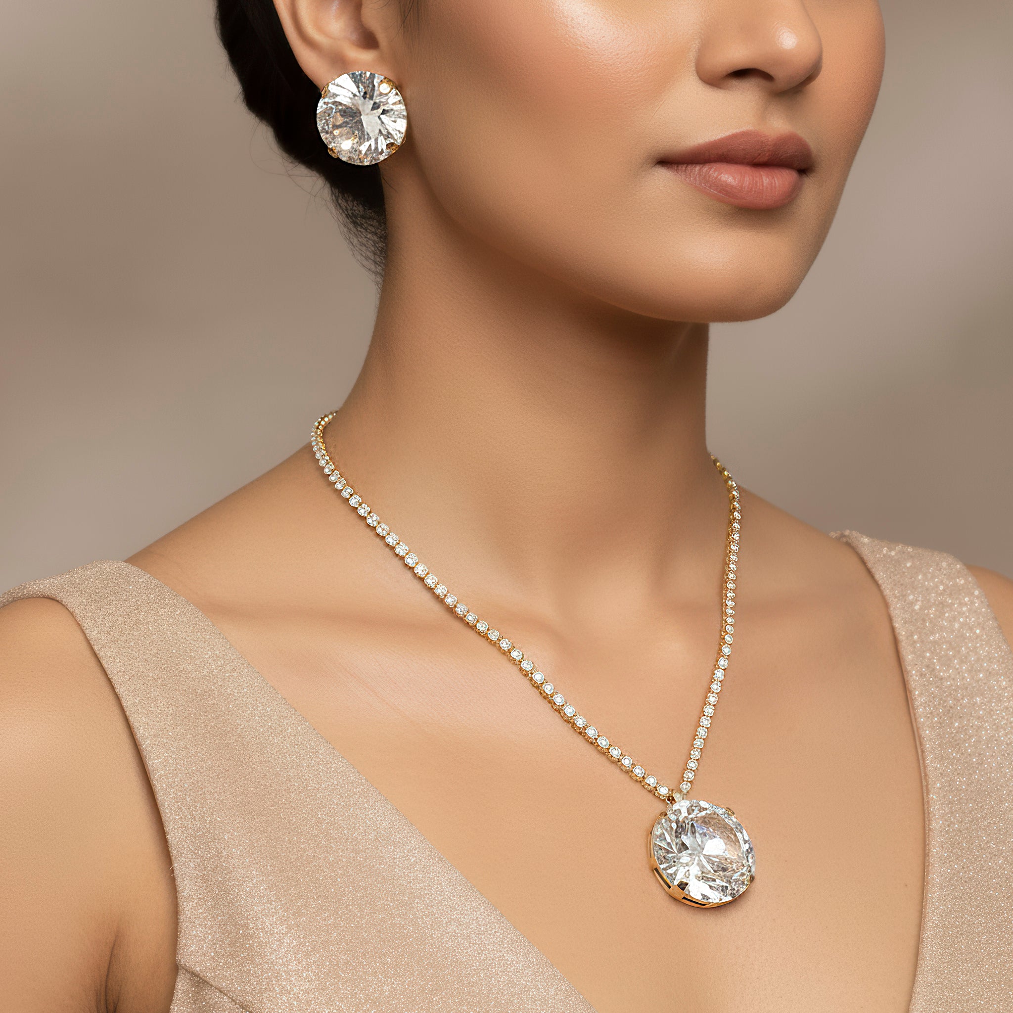 PRAO Necklace Anti-Tarnish Round Crystal Pendant Necklace Set with Earrings