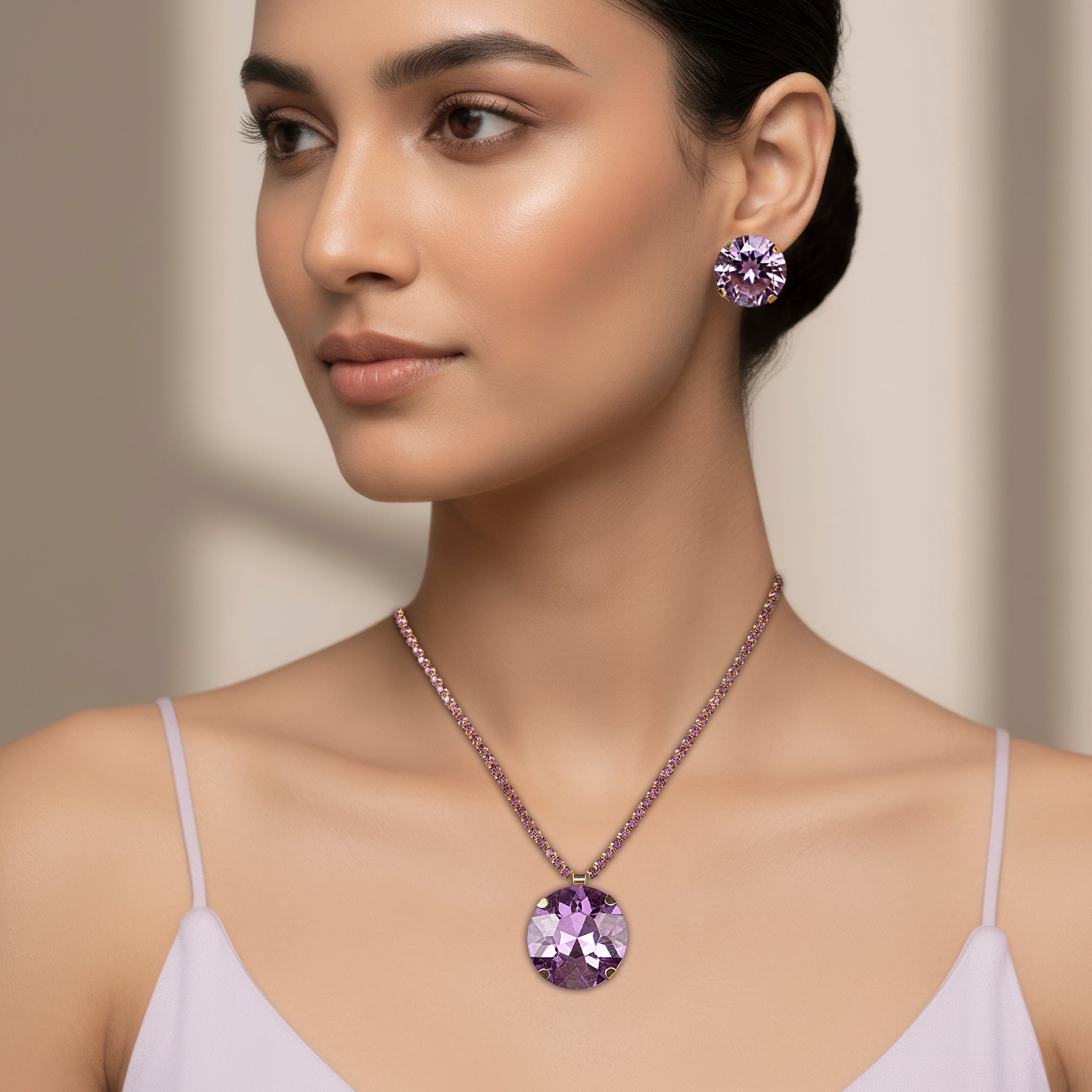 PRAO Necklace Anti-Tarnish Round Crystal Pendant Set with Earrings