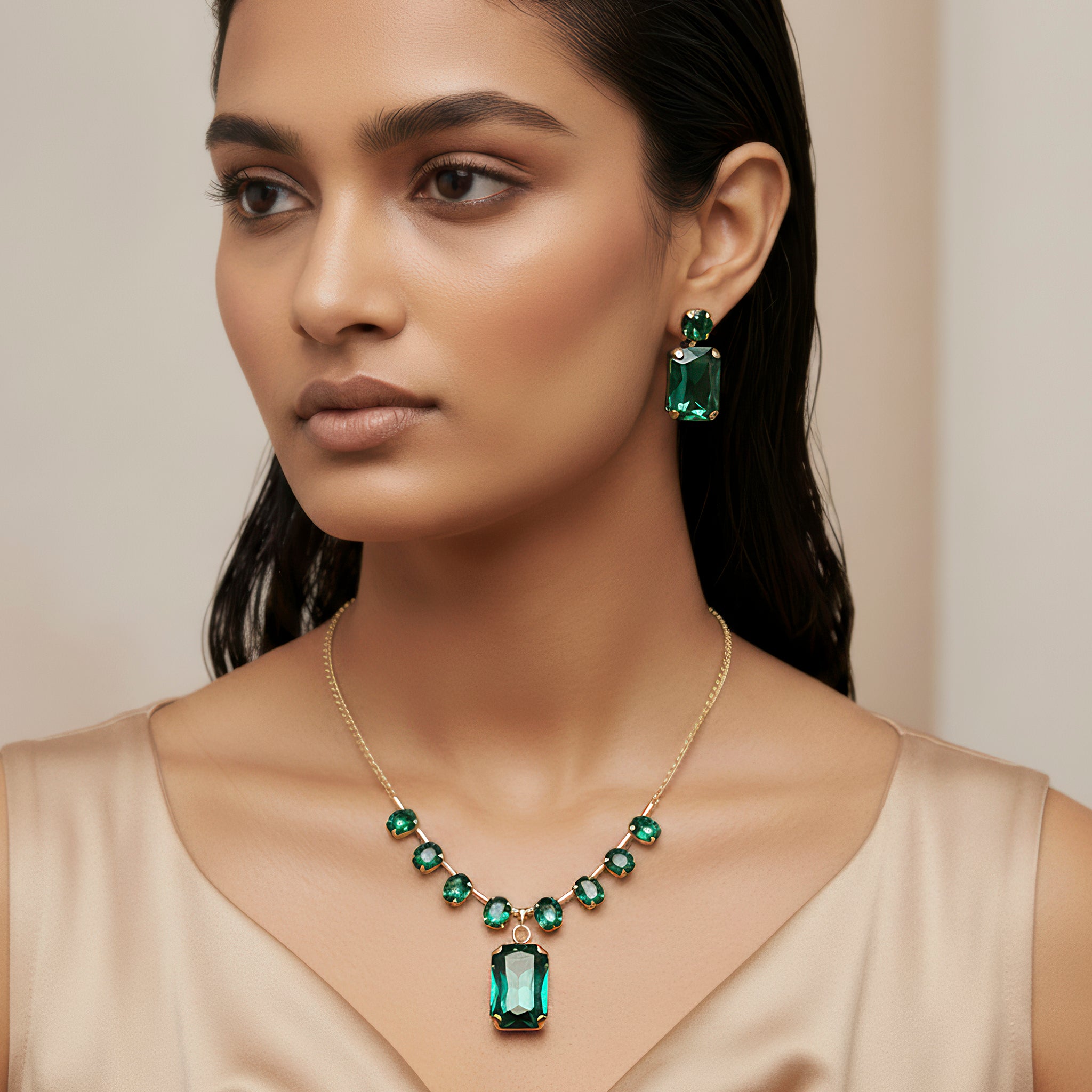 PRAO Necklace Anti-Tarnish Gold Plated Premium Crystal Set With Earrings