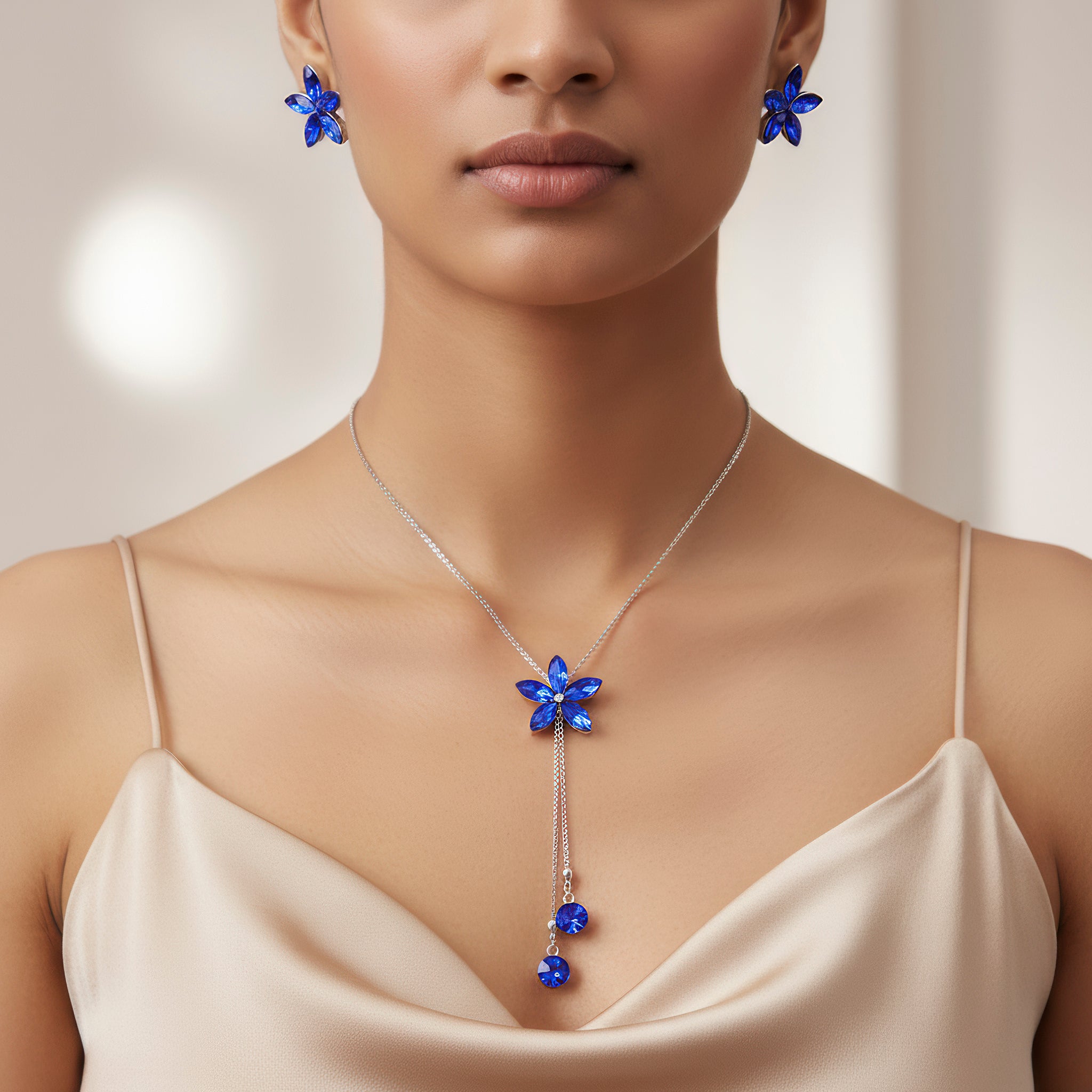 PRAO Necklace Anti-Tarnish Crystal Flower Set with Earrings