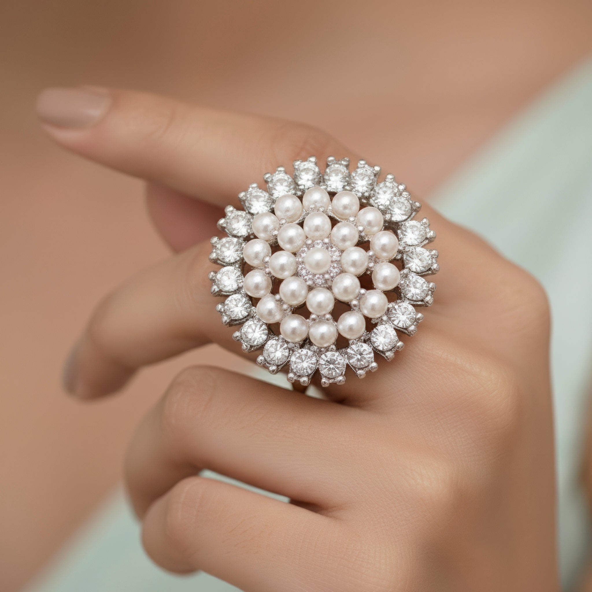 PRAO Ring Anti-Tarnish Pearl & Crystal Studded Cocktail
