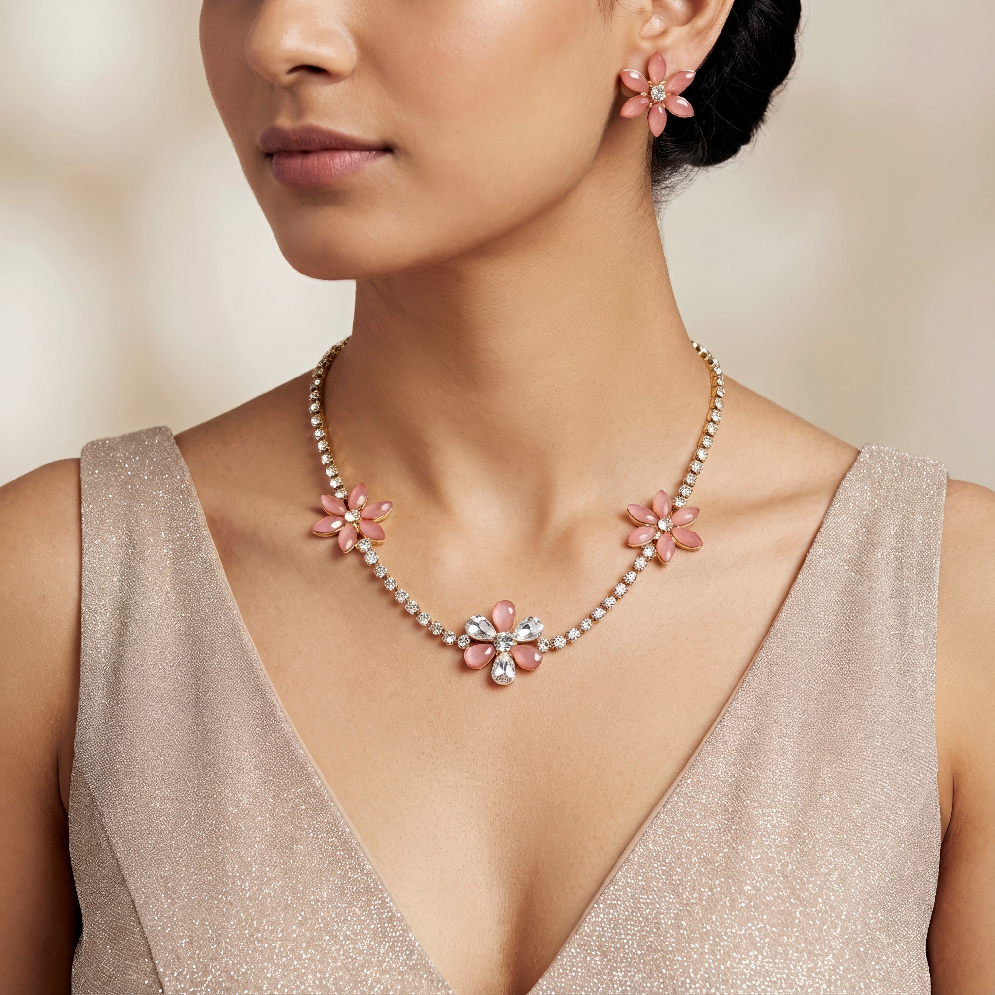 PRAO Necklace Anti-Tarnish Floral Rhinestone Chain Set With Earrings