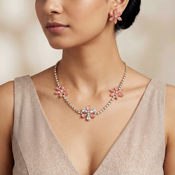 PRAO Necklace Anti-Tarnish Floral Rhinestone Chain Set With Earrings