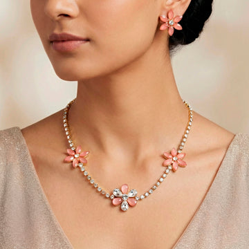 PRAO Necklace Anti-Tarnish Floral Rhinestone Chain Set With Earrings
