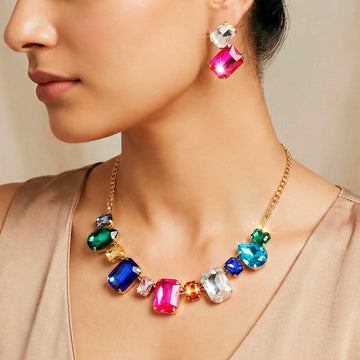 PRAO Necklace Anti-Tarnish Multicolor And Shapes Crystal Set With Earrings