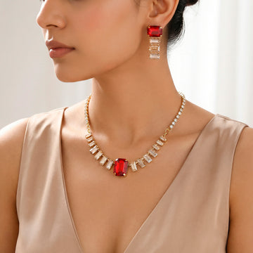PRAO Necklace Anti-Tarnish Baguette Crystal Set With Earrings