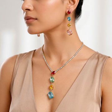 PRAO Necklace Anti-Tarnish Multicolor Shapes Pendant Set With Earrings