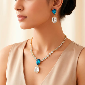 PRAO Necklace Anti-Tarnish Drop And Crystal Set With Earrings