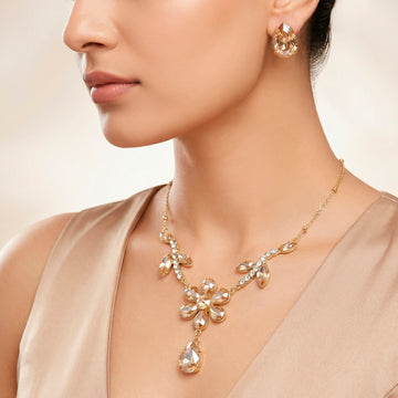 PRAO Necklace Anti-Tarnish Flowery Crystal Set With Earrings
