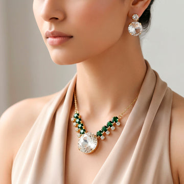 PRAO Necklace Anti-Tarnish Round Crystal Statement Set With Earrings
