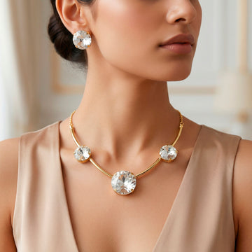 PRAO Necklace Anti-Tarnish Round Crystal Spaced Set With Earrings